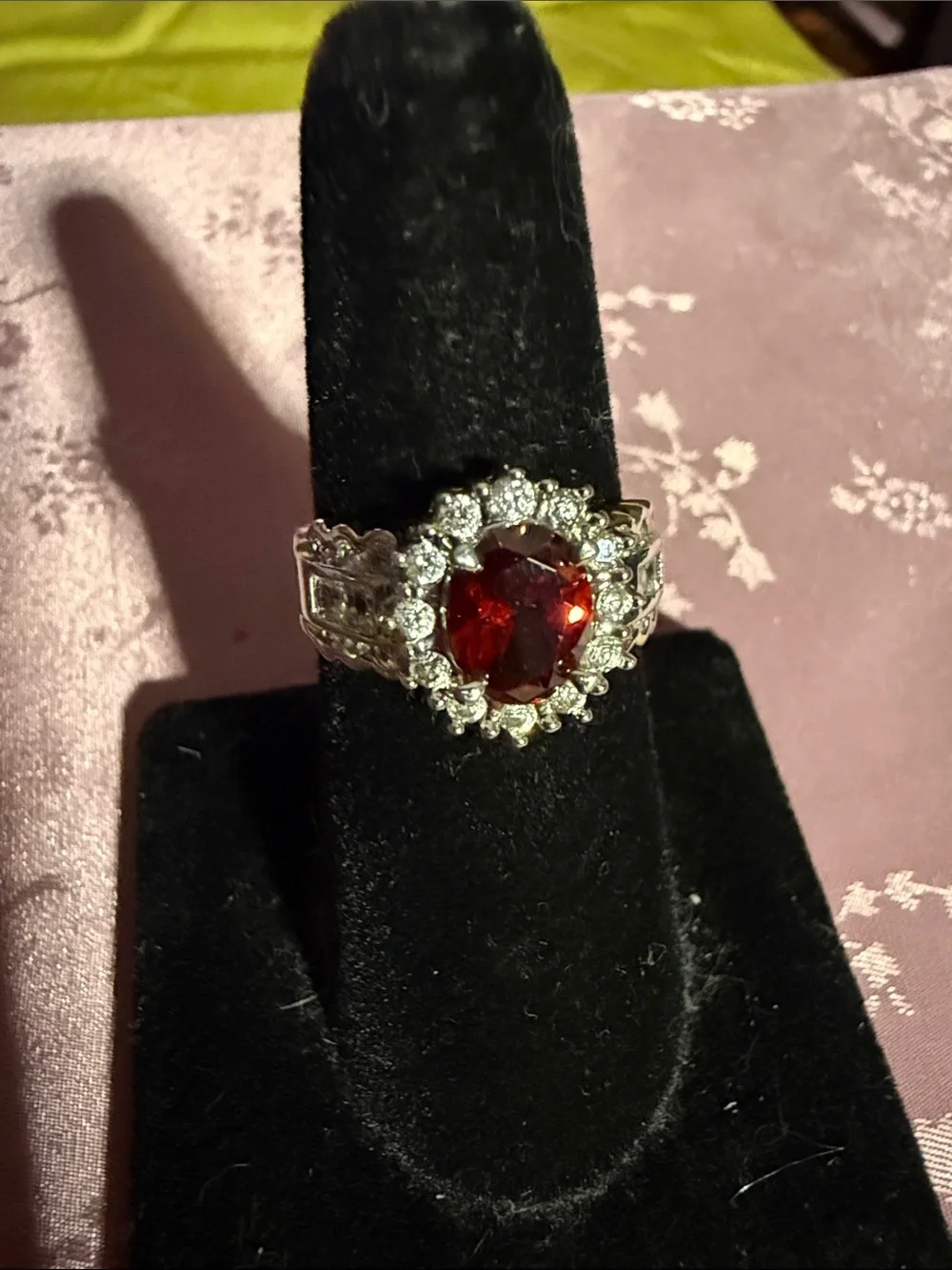 Garnet Halo Cocktail Ring with CZ and Sterling, silver